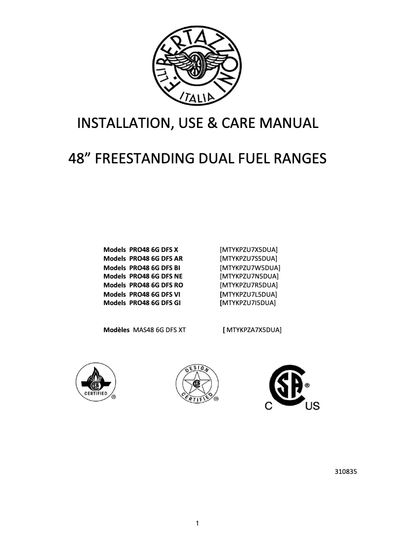 Page 1 de la notice Manuel utilisateur Bertazzoni PRO48 6G