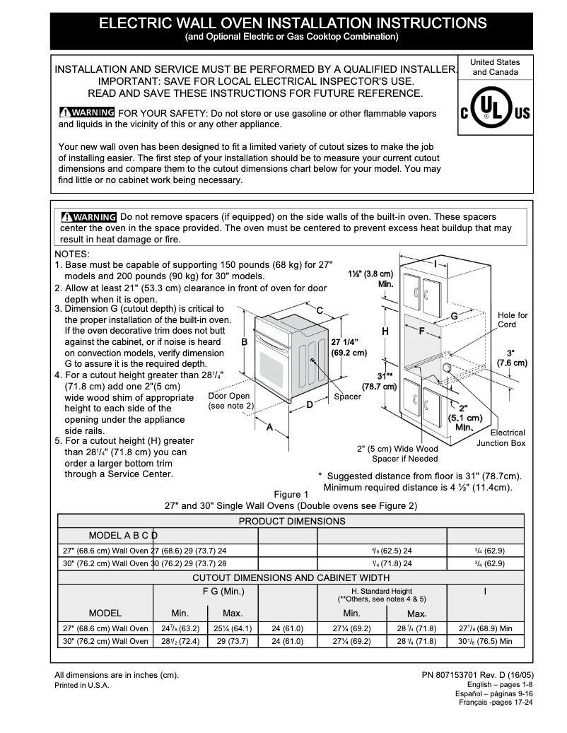Page 1 de la notice Guide d'installation Frigidaire FGEW3065PW