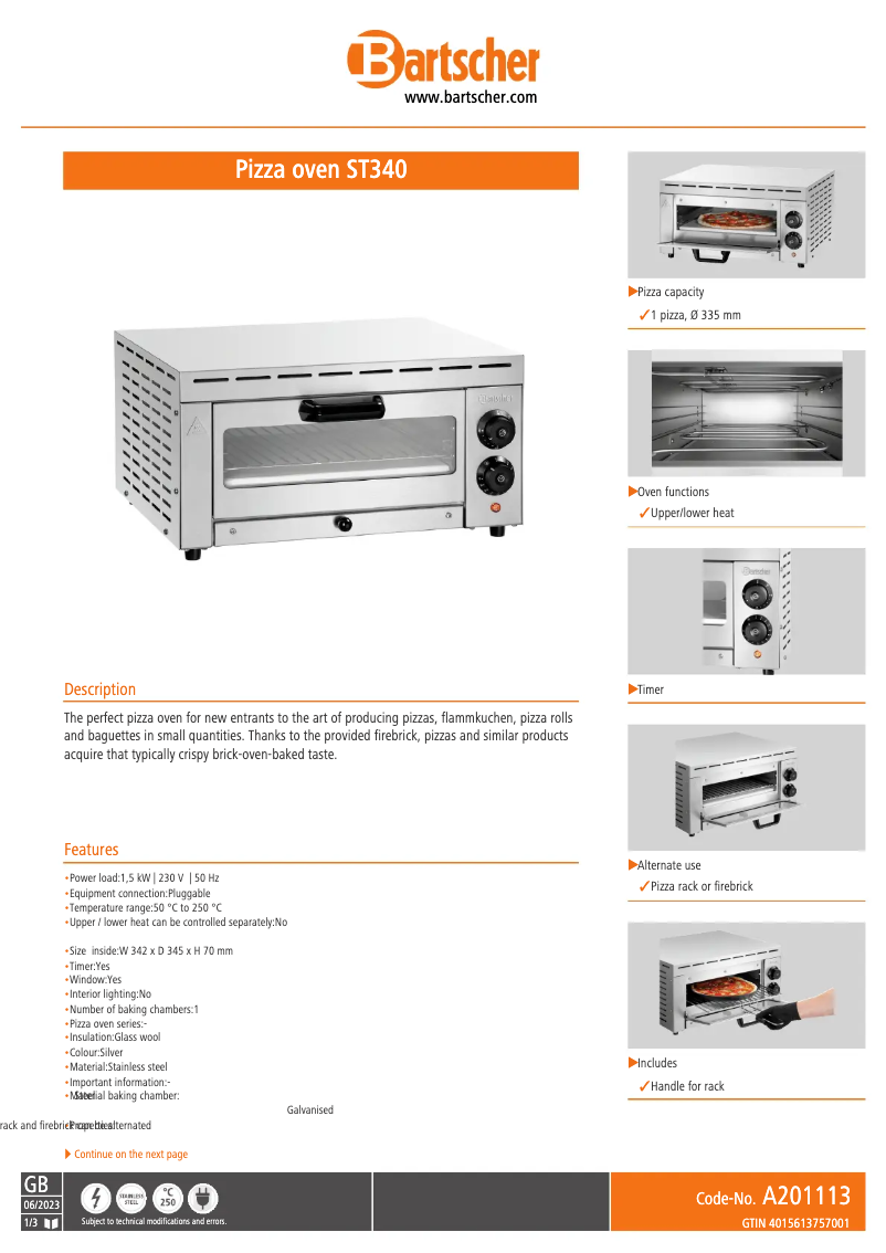 Page 1 de la notice Fiche technique Bartscher ST340