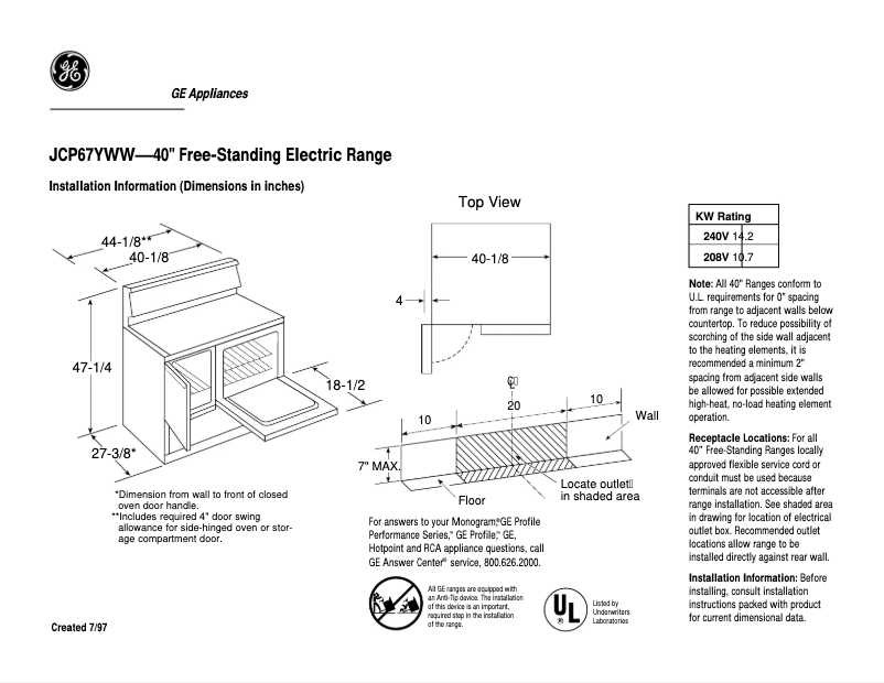 Page 1 of the manual Technical Sheet GE JCP67YWW