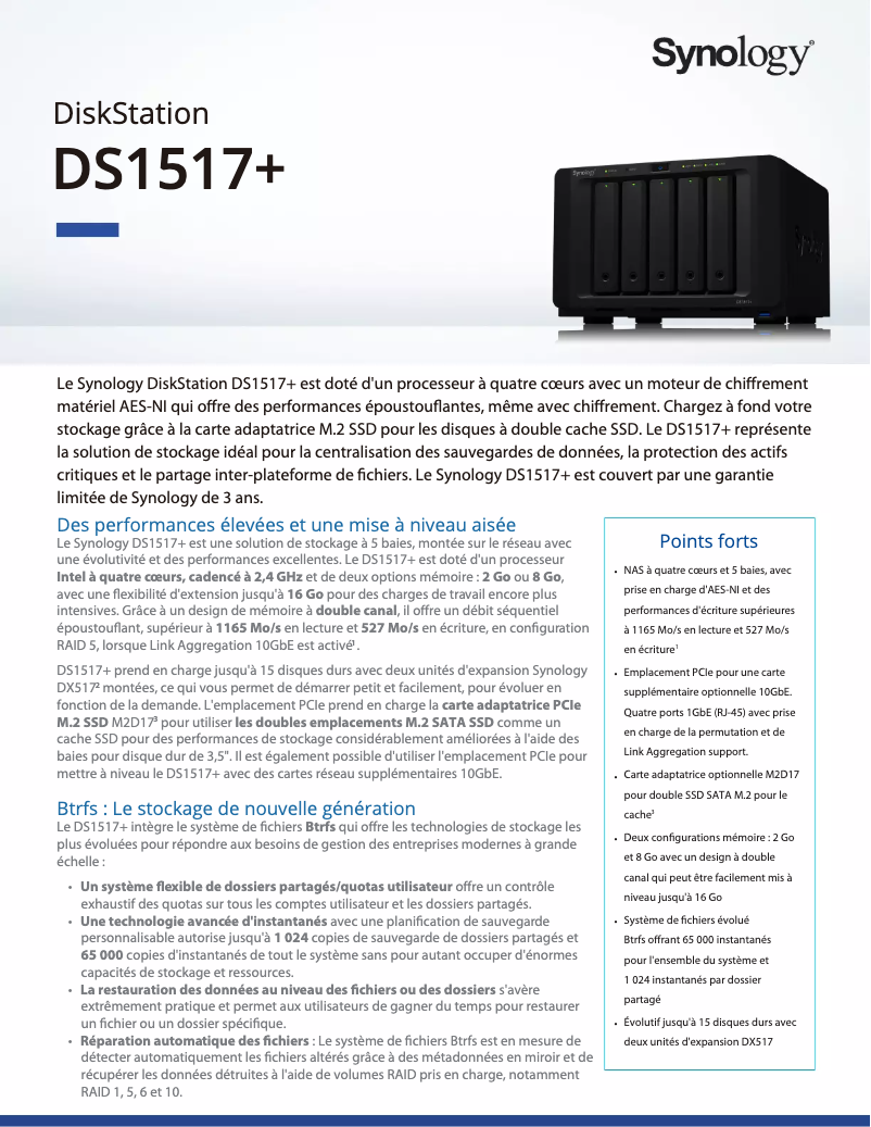 Page 1 de la notice Fiche technique Synology DiskStation DS1517+