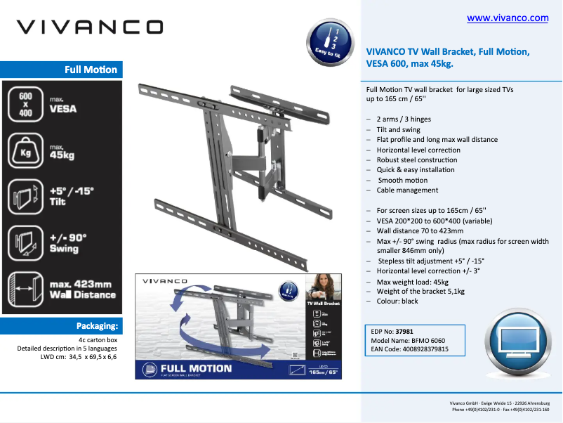 Page 1 de la notice Fiche technique Vivanco BFMO 6060