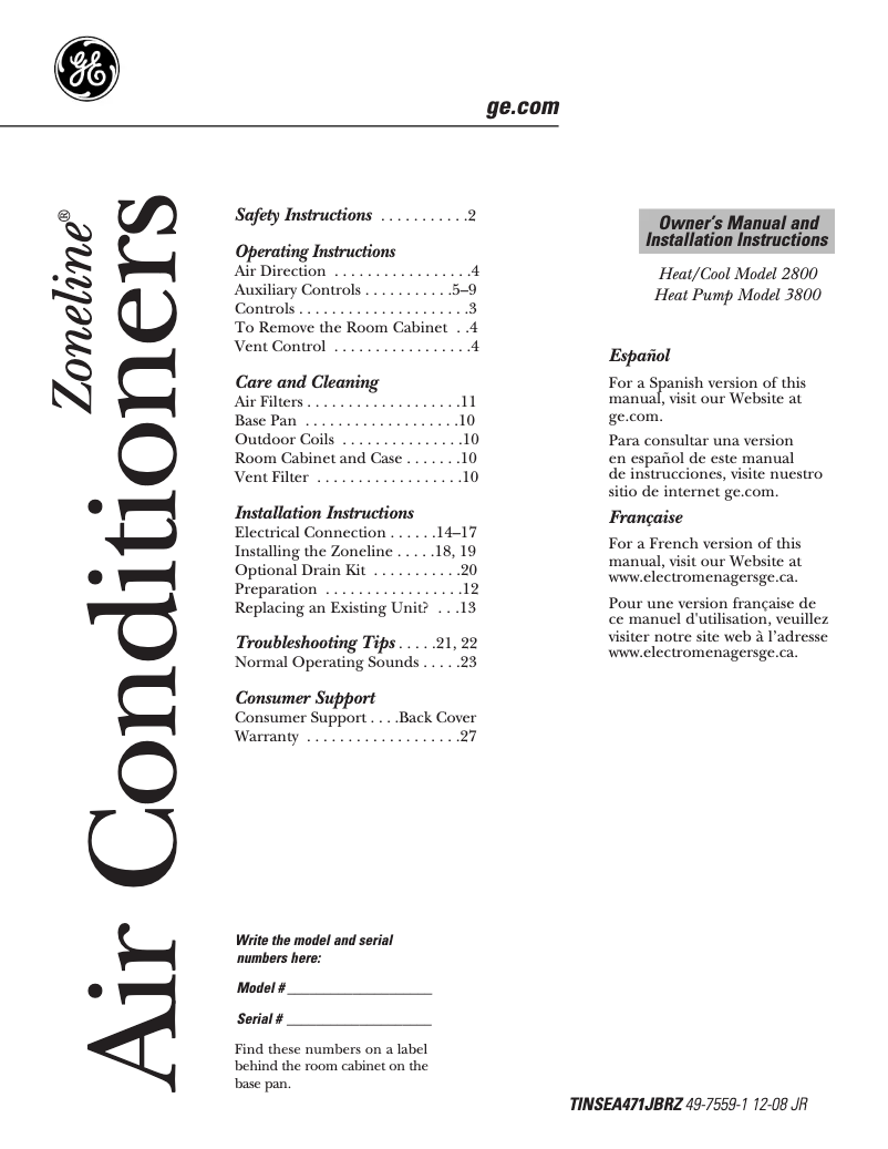 Page n°1 - Manuel d'utilisation et d'entretien GE AZ28E07EAB