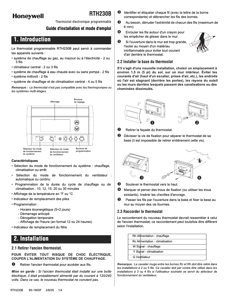 Page 1 de la notice Manuel utilisateur Honeywell RTH230B