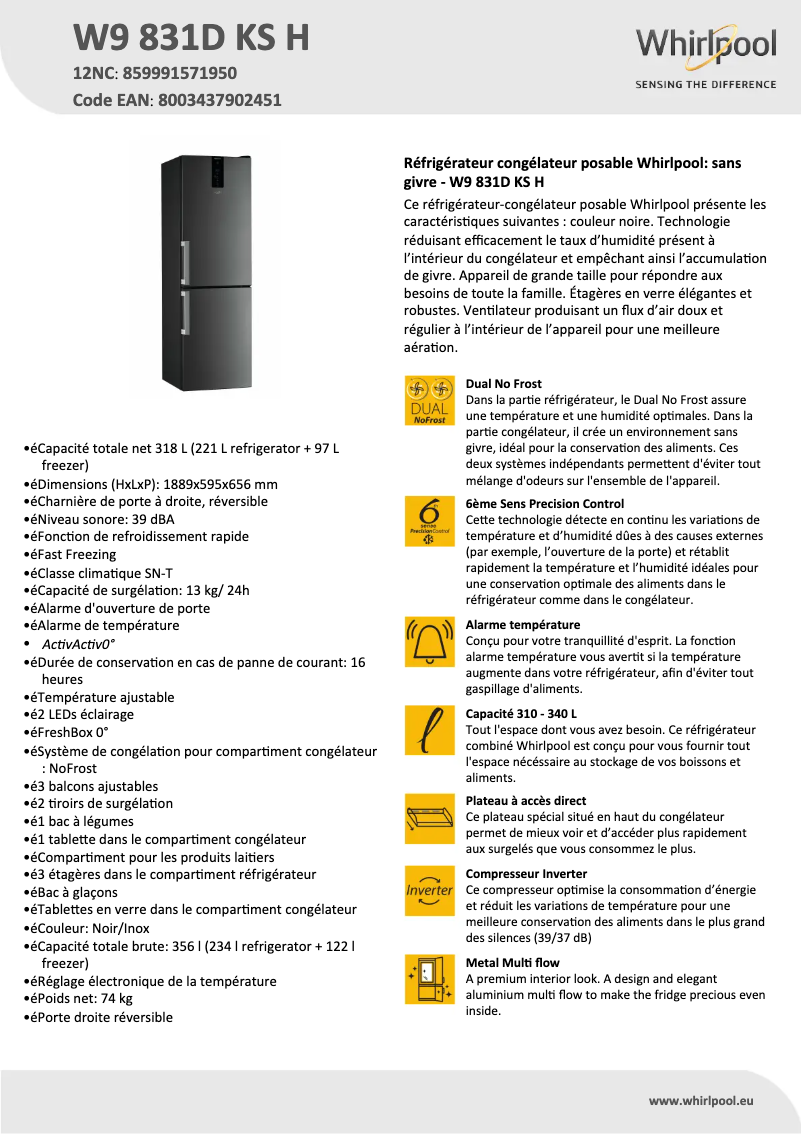 Page 1 de la notice Fiche technique Whirlpool W9 831D KS H