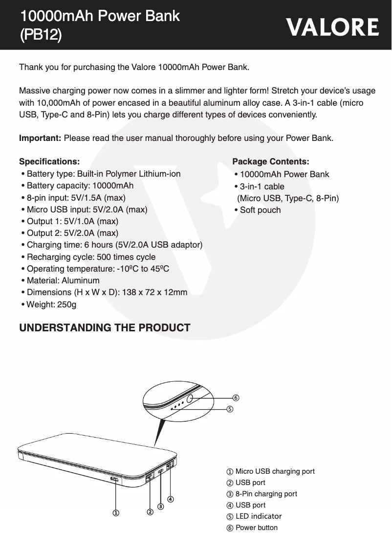 Page 1 de la notice Manuel utilisateur Valore PB12
