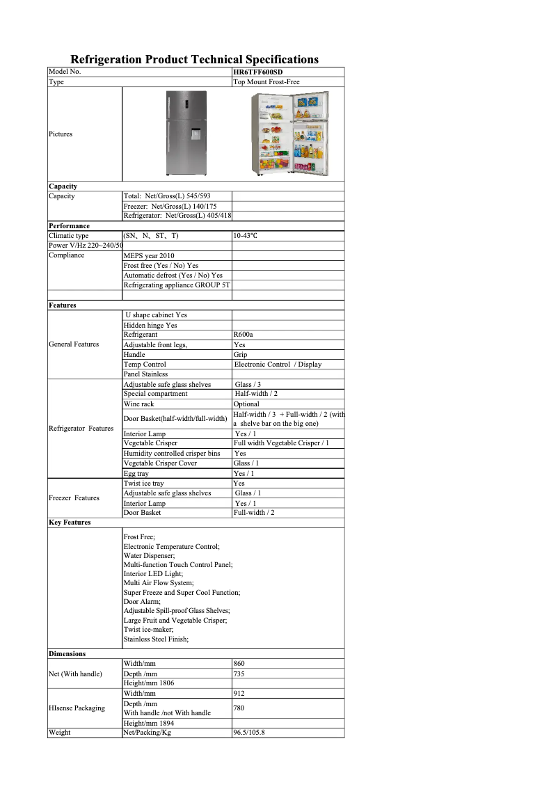 Page 1 de la notice Fiche technique Hisense HR6TFF600SD