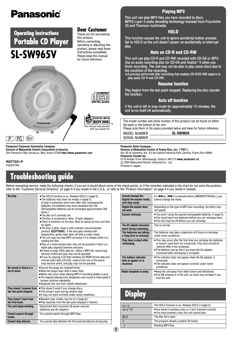 Page 1 de la notice Manuel utilisateur Panasonic Shockwave SL-SW967V