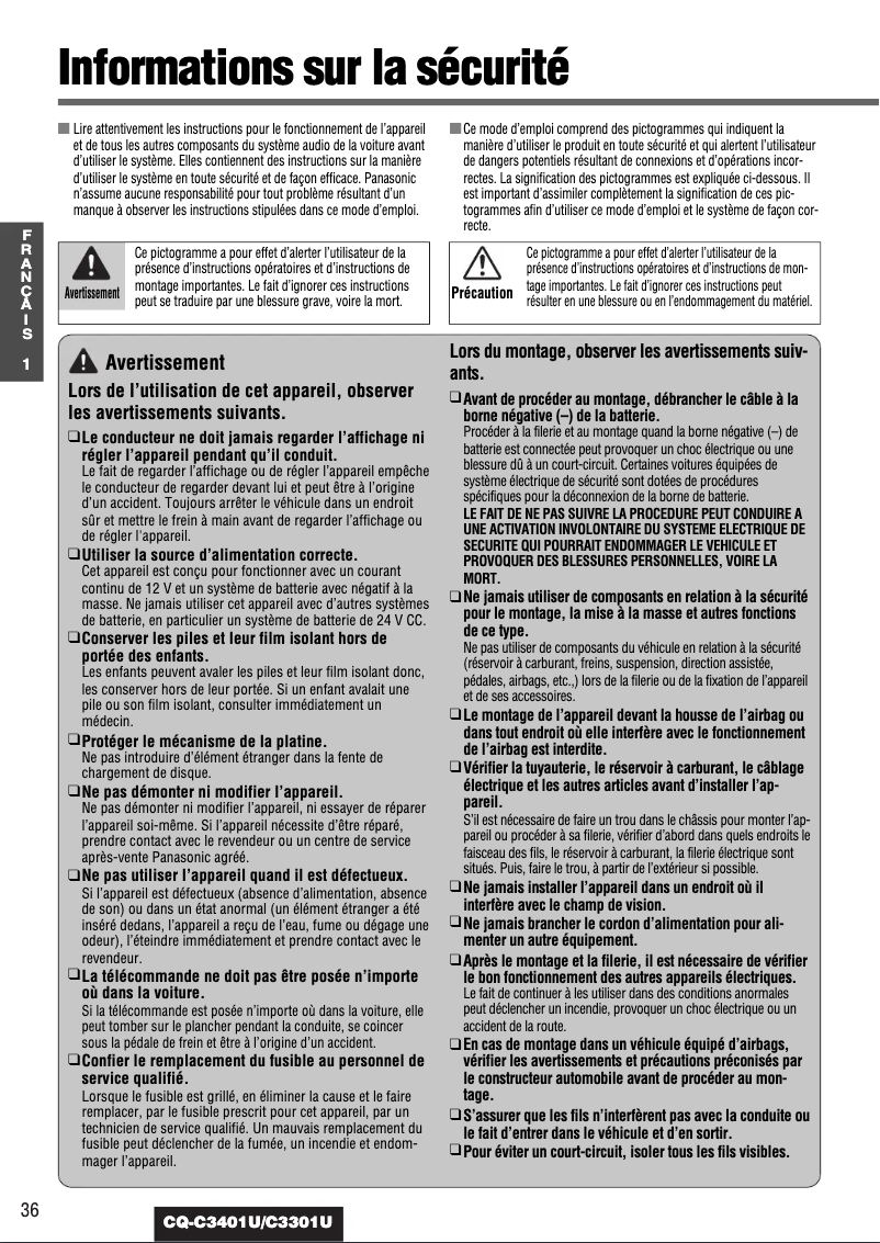 Page 1 de la notice Manuel utilisateur Panasonic CQ-C3401U