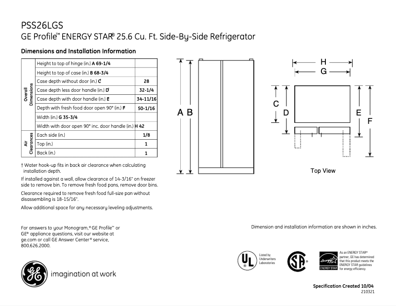 Página 1 del manual Ficha técnica GE Profile PSS26LGSCC