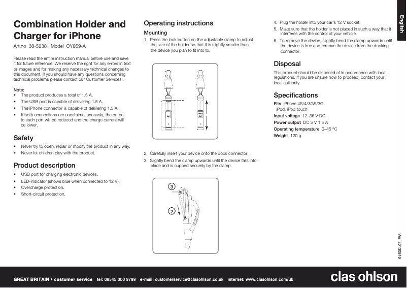 Page 1 de la notice Manuel utilisateur Clas Ohlson OY059-A