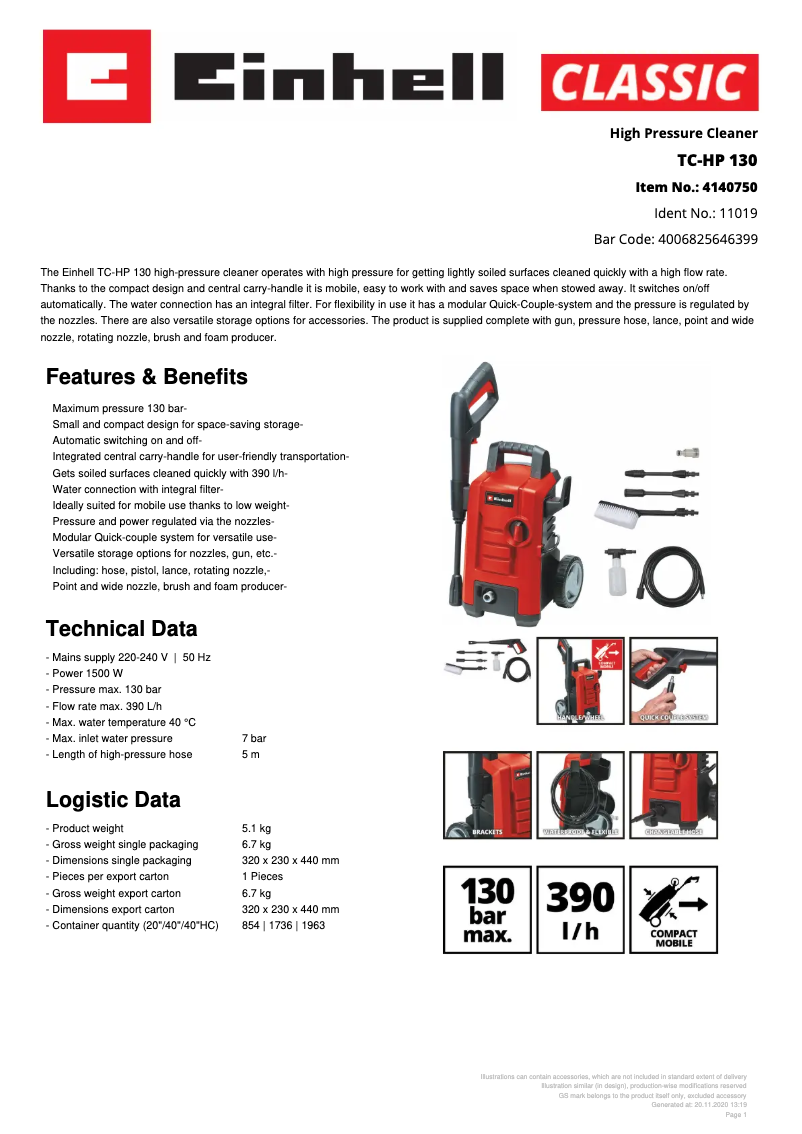 Page 1 de la notice Fiche technique Einhell TC-HP 130