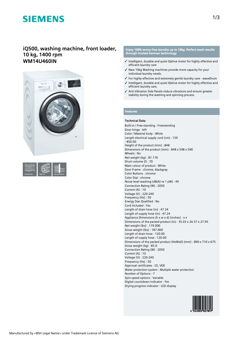 Page 1 de la notice Fiche technique Siemens WM14U460IN