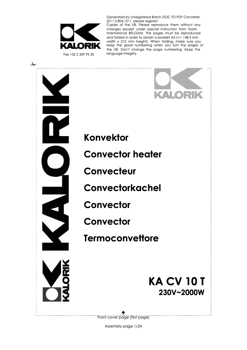 Page 1 de la notice Manuel utilisateur Kalorik KA CV 10 T
