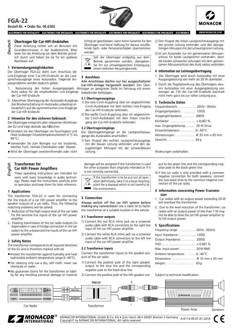 Page 1 de la notice Manuel utilisateur Monacor FGA-22