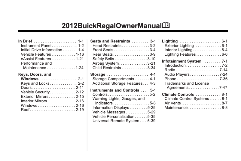 Page 1 de la notice Manuel utilisateur Buick Regal (1995)