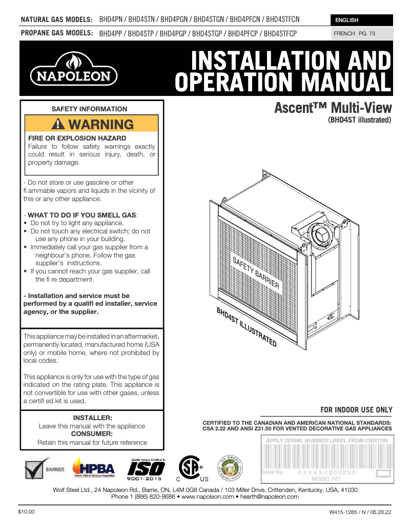 Page 1 of the manual User Manual Napoleon Ascent Multi-View BHD4STN