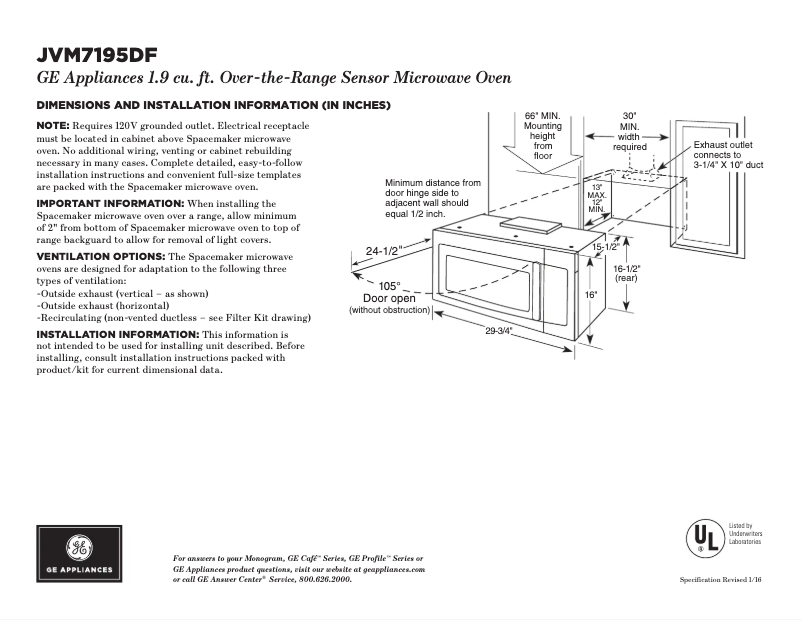 Page 1 of the manual Technical Sheet GE JVM7195DFBB
