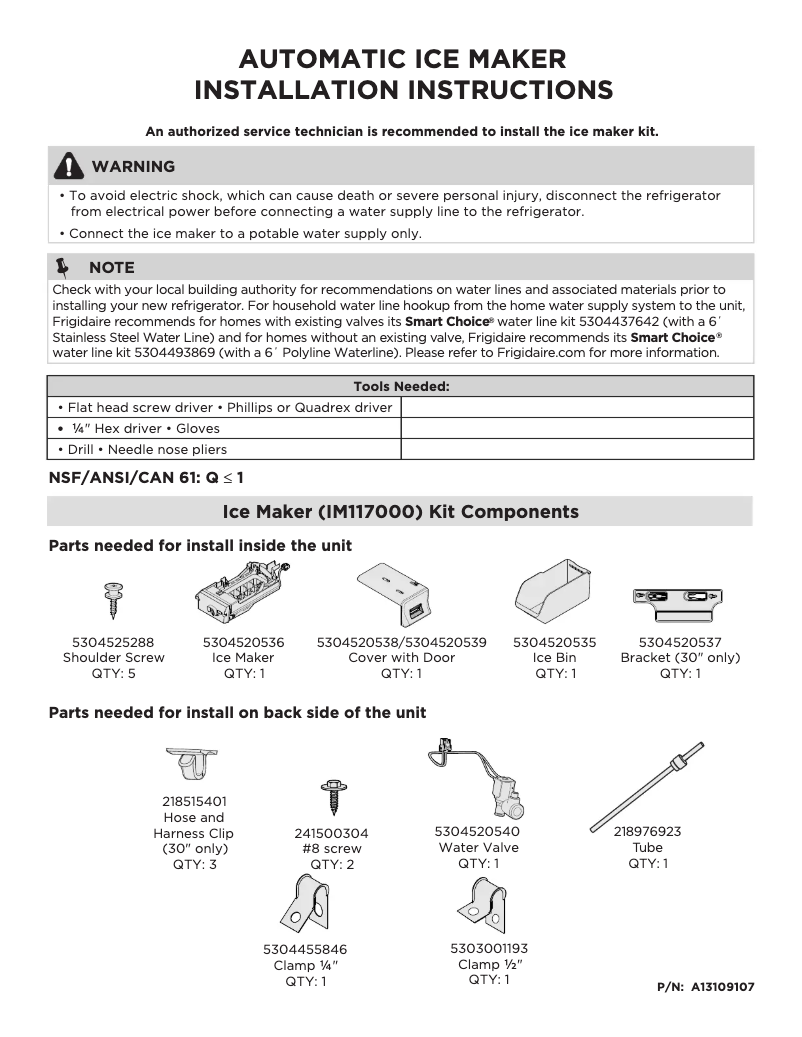 Page 1 de la notice Guide d'installation Frigidaire FFTR1425VW
