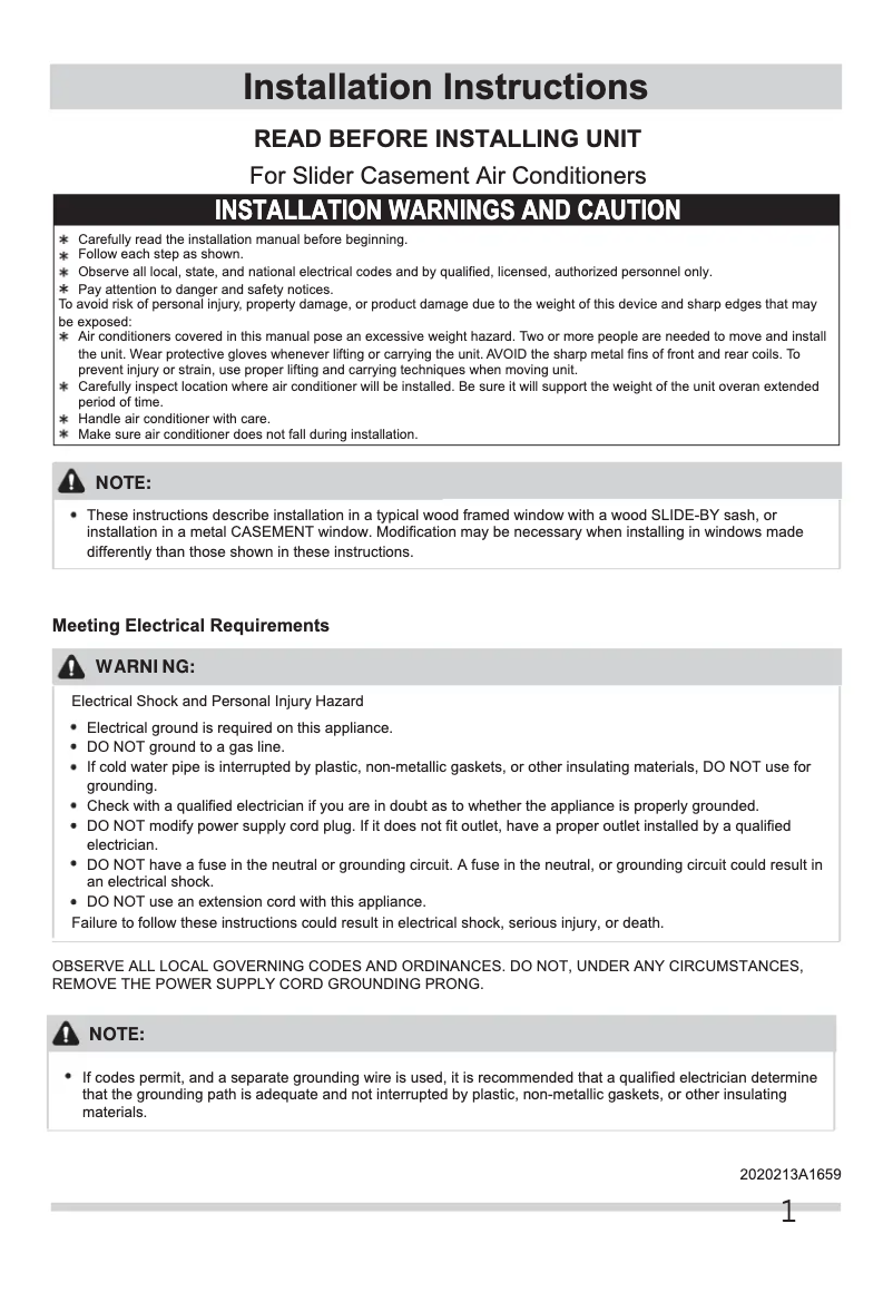 Page 1 de la notice Guide d'installation Frigidaire FHSC082WB1