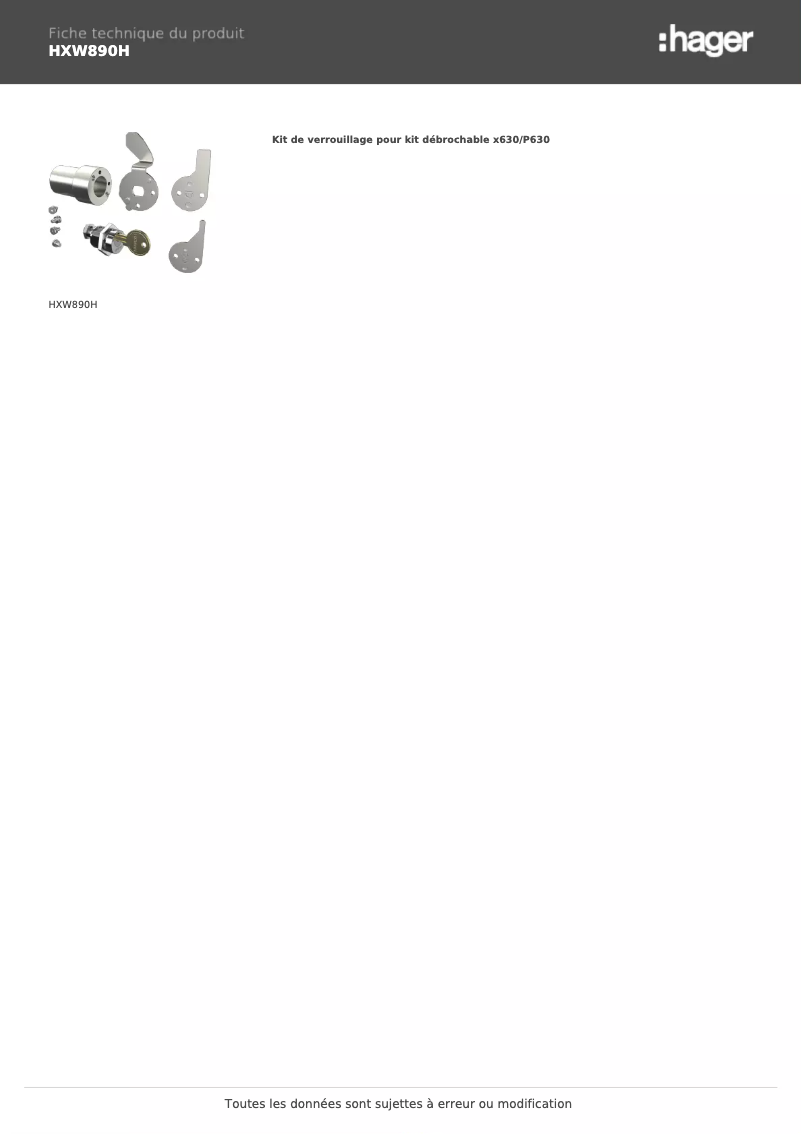Page 1 de la notice Fiche technique Hager HXW890H