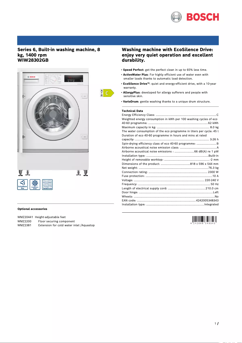 Page 1 of the manual Technical Sheet Bosch Serie 6 WIW28302GB