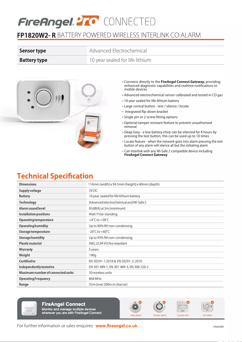 Page 1 de la notice Fiche technique FireAngel FP1820W2-R