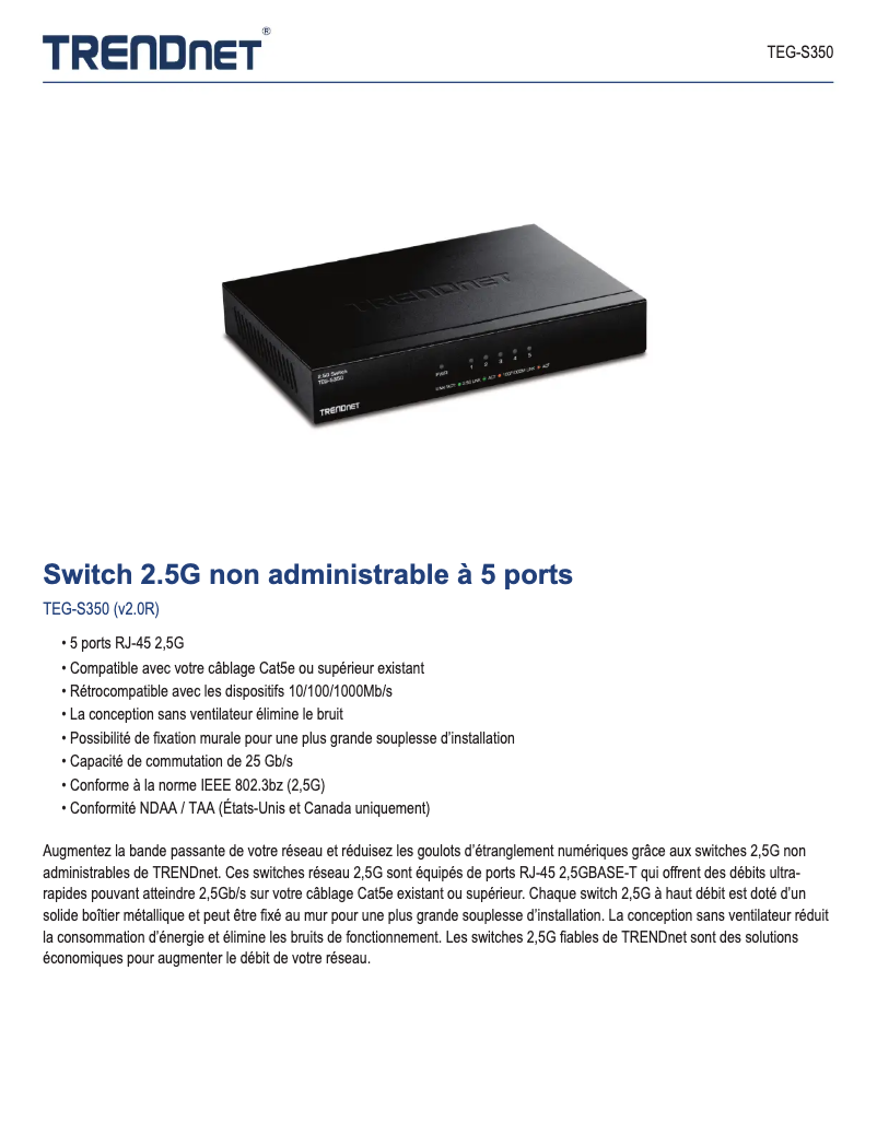 Page 1 de la notice Fiche technique TRENDnet TEG-S350
