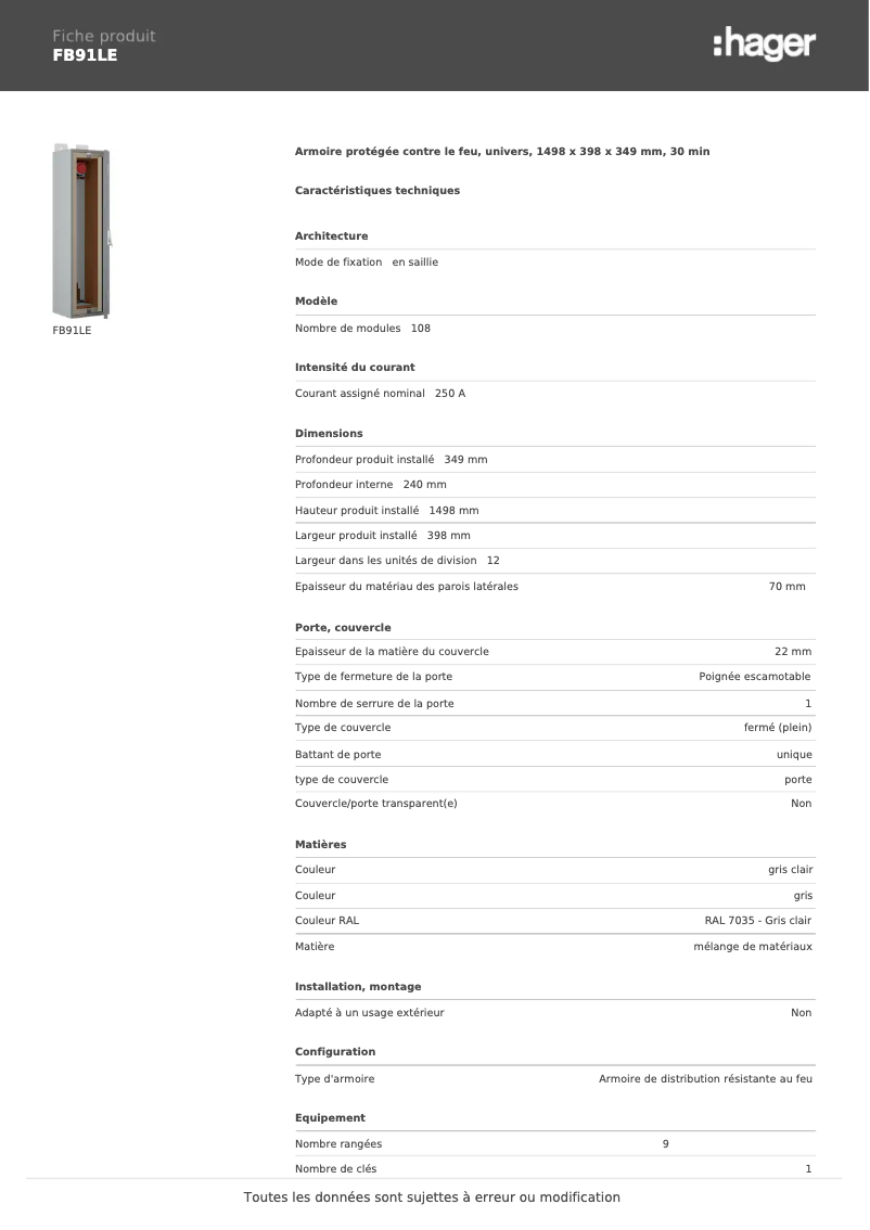 Page 1 de la notice Fiche technique Hager FB91LE