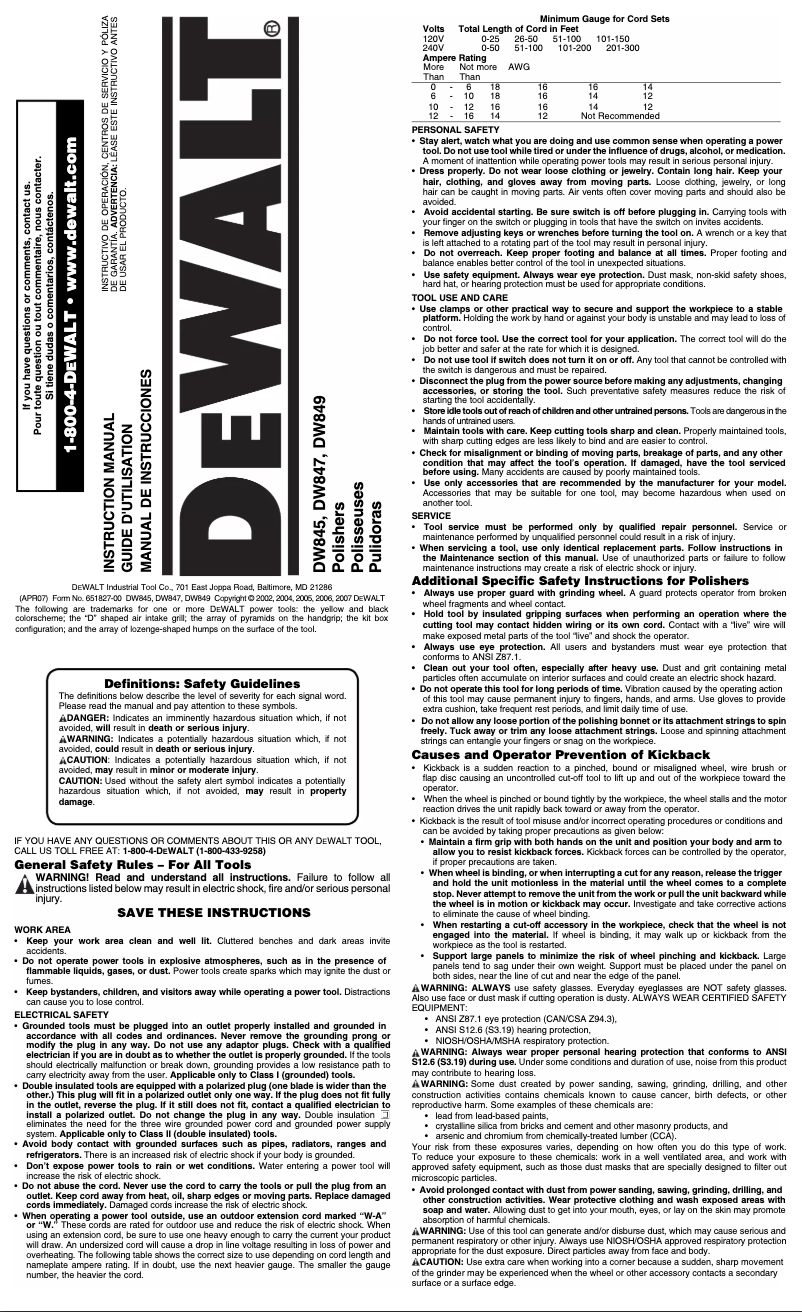 Page 1 de la notice Manuel utilisateur DeWalt DW845