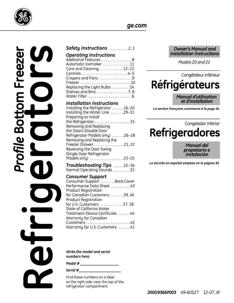 Page 1 de la notice Manuel d'utilisation et d'entretien GE Profile PDSS0MFXRSS