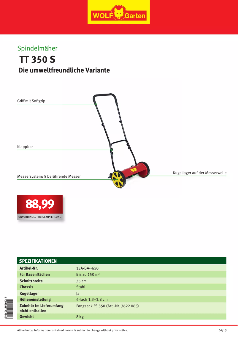 Page 1 de la notice Fiche technique Wolf Garten TT 350 S
