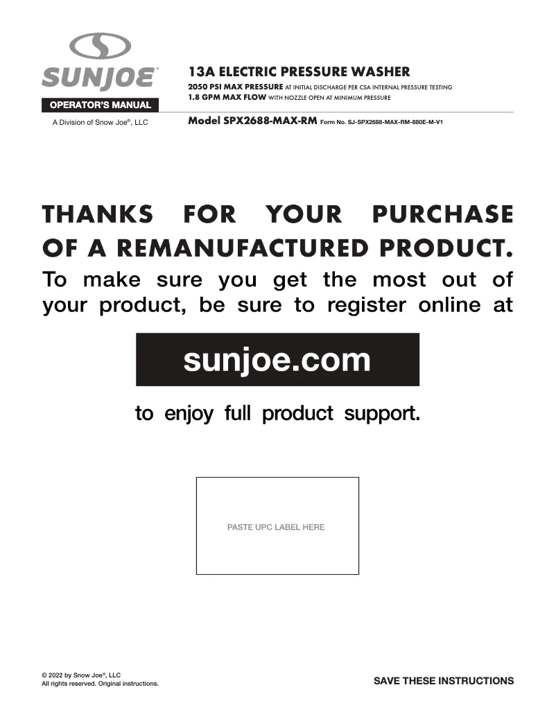 Page 1 de la notice Manuel utilisateur Sun Joe SPX2688-MAX-RM