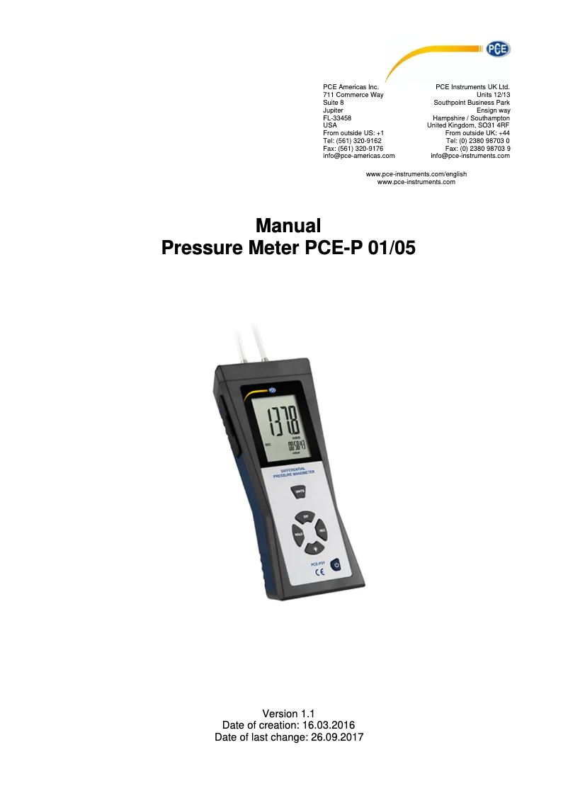 Page 1 of the manual User Manual PCE Instruments PCE-P01