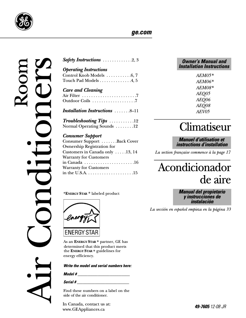 Page 1 of the manual User Manual GE AEM05
