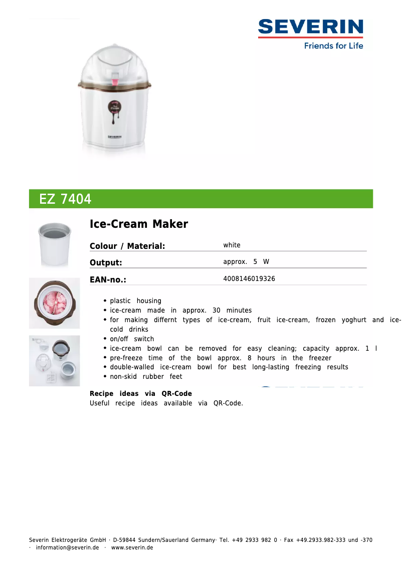 Page 1 de la notice Fiche technique Severin EZ 7404