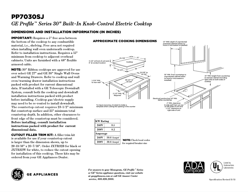Página 1 del manual Ficha técnica GE Profile PP7030SJSS