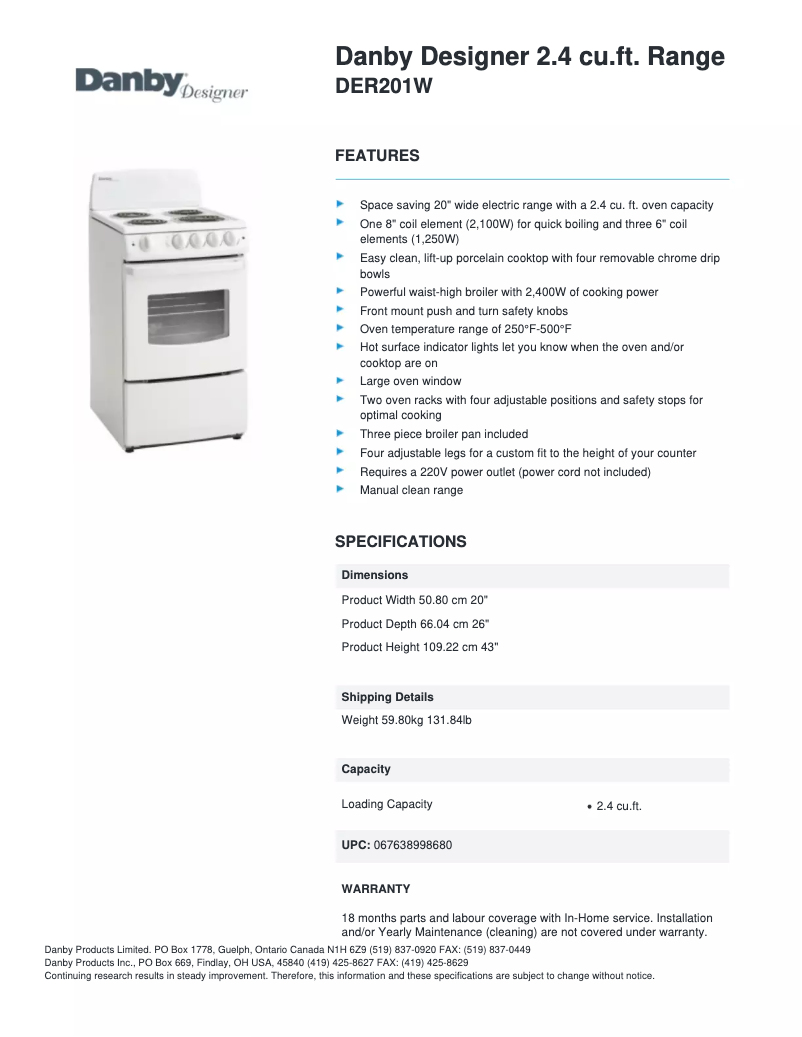 Page 1 de la notice Fiche technique Danby DER201W