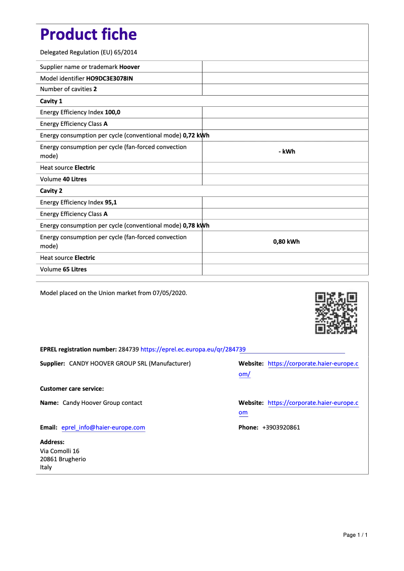 Página 1 del manual Ficha técnica Hoover H-OVEN 300 HO9DC3E3078IN