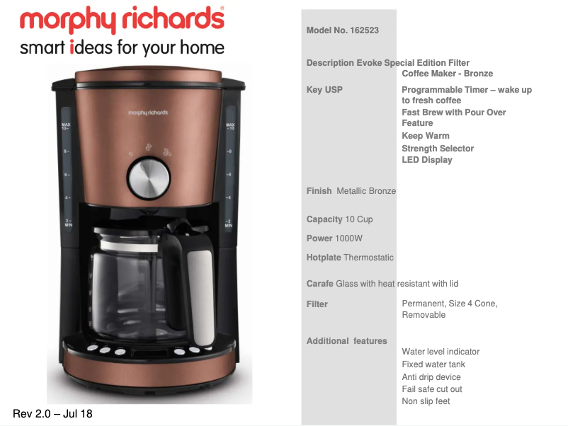Page 1 de la notice Fiche technique Morphy Richards Evoke 162523