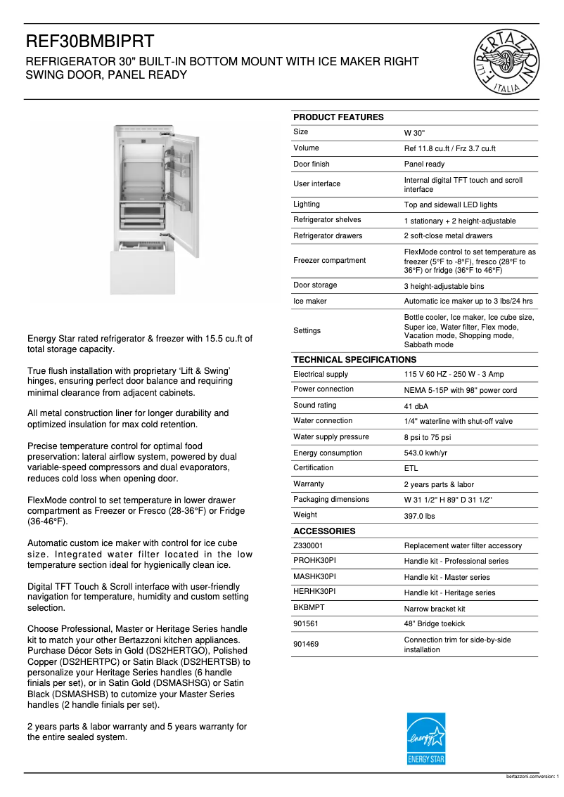 Page 1 de la notice Fiche technique Bertazzoni REF30BMBIPRT
