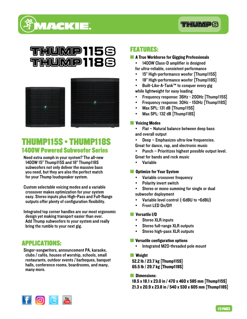 Page 1 de la notice Fiche technique Mackie Thump 118S