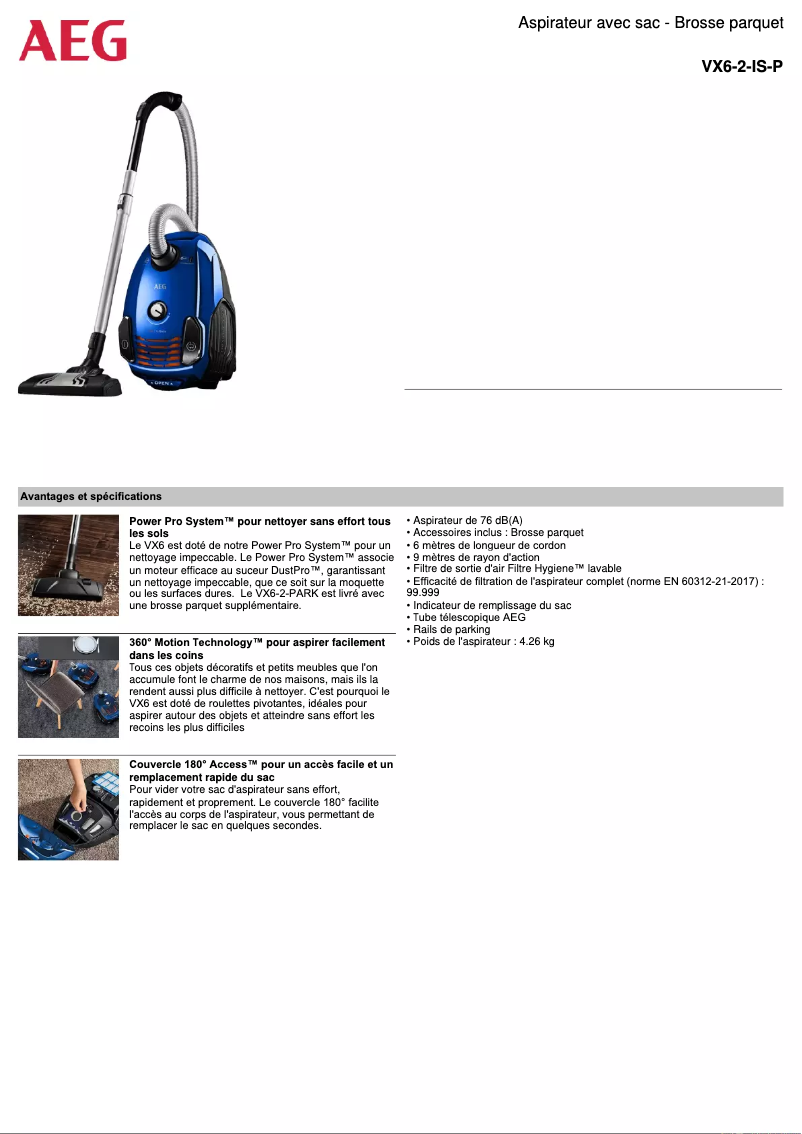 Page 1 of the manual Technical Sheet AEG VX6-2-IS-P