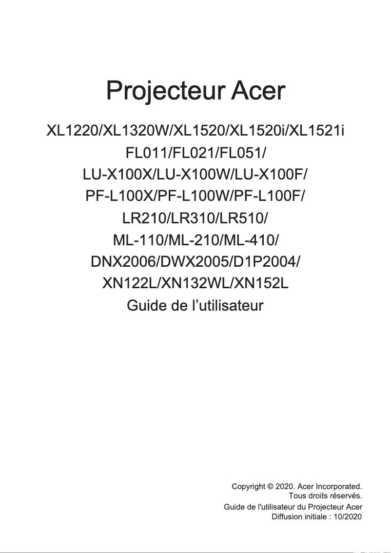 Page 1 de la notice Manuel utilisateur Acer XL1320W