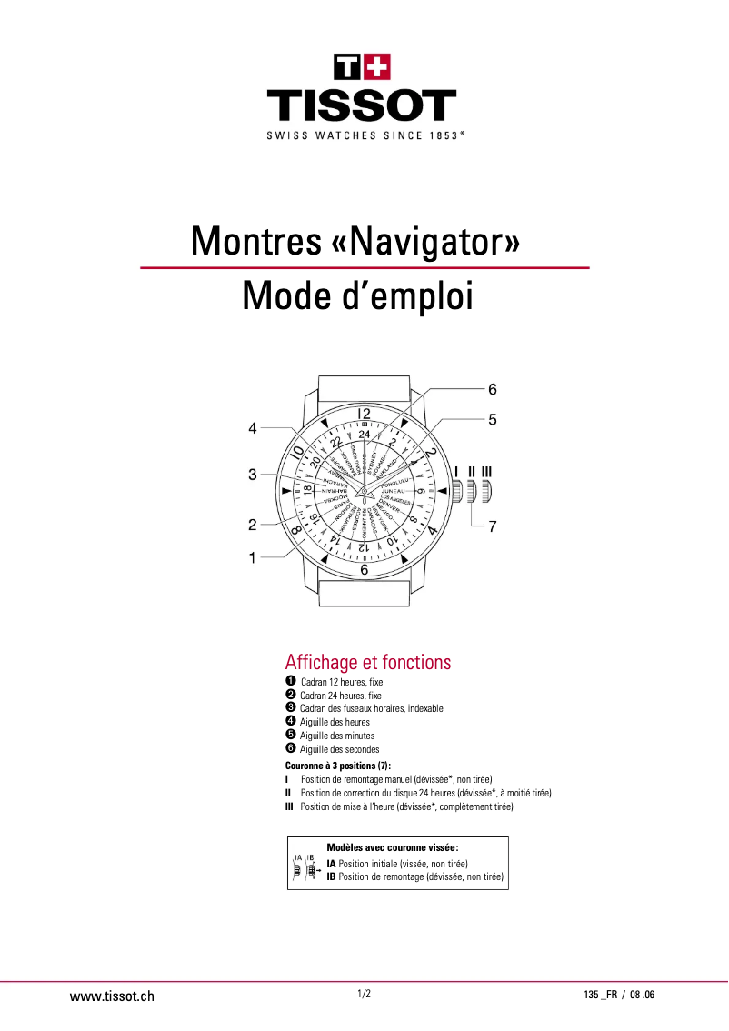 Page 1 de la notice Manuel utilisateur Tissot Heritage Navigator Automatic 160TH Anniversary