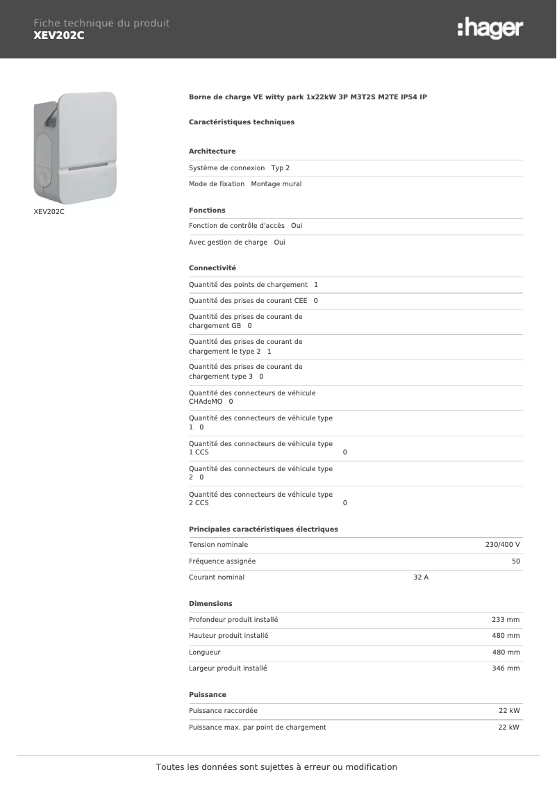 Page 1 de la notice Fiche technique Hager XEV202C
