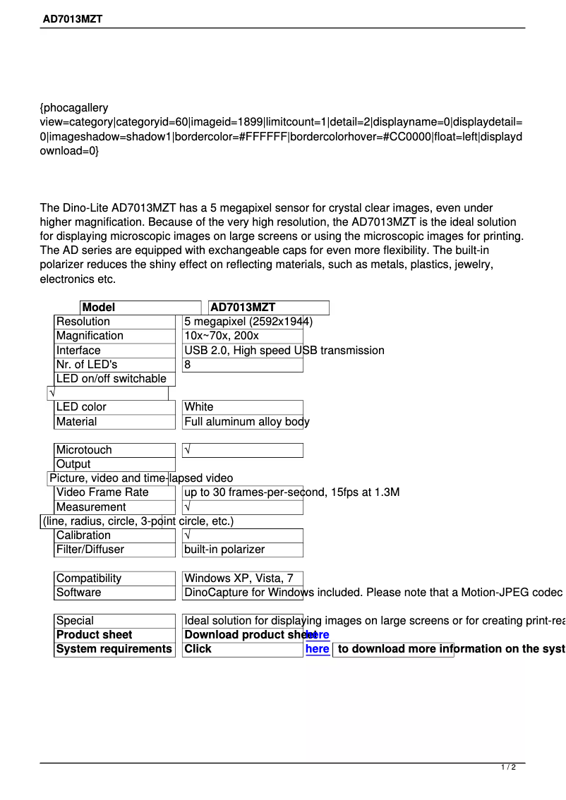 Page 1 de la notice Manuel utilisateur Dino-Lite AD7013MZT