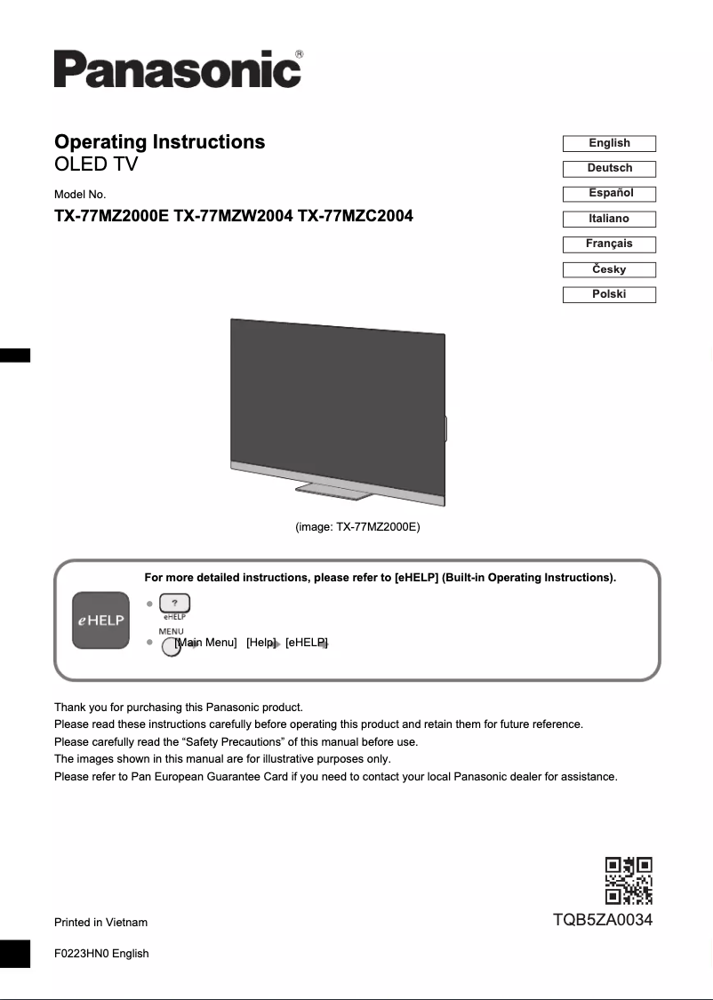 Page 1 of the manual Quick Start Guide Panasonic TX-77MZ2000E