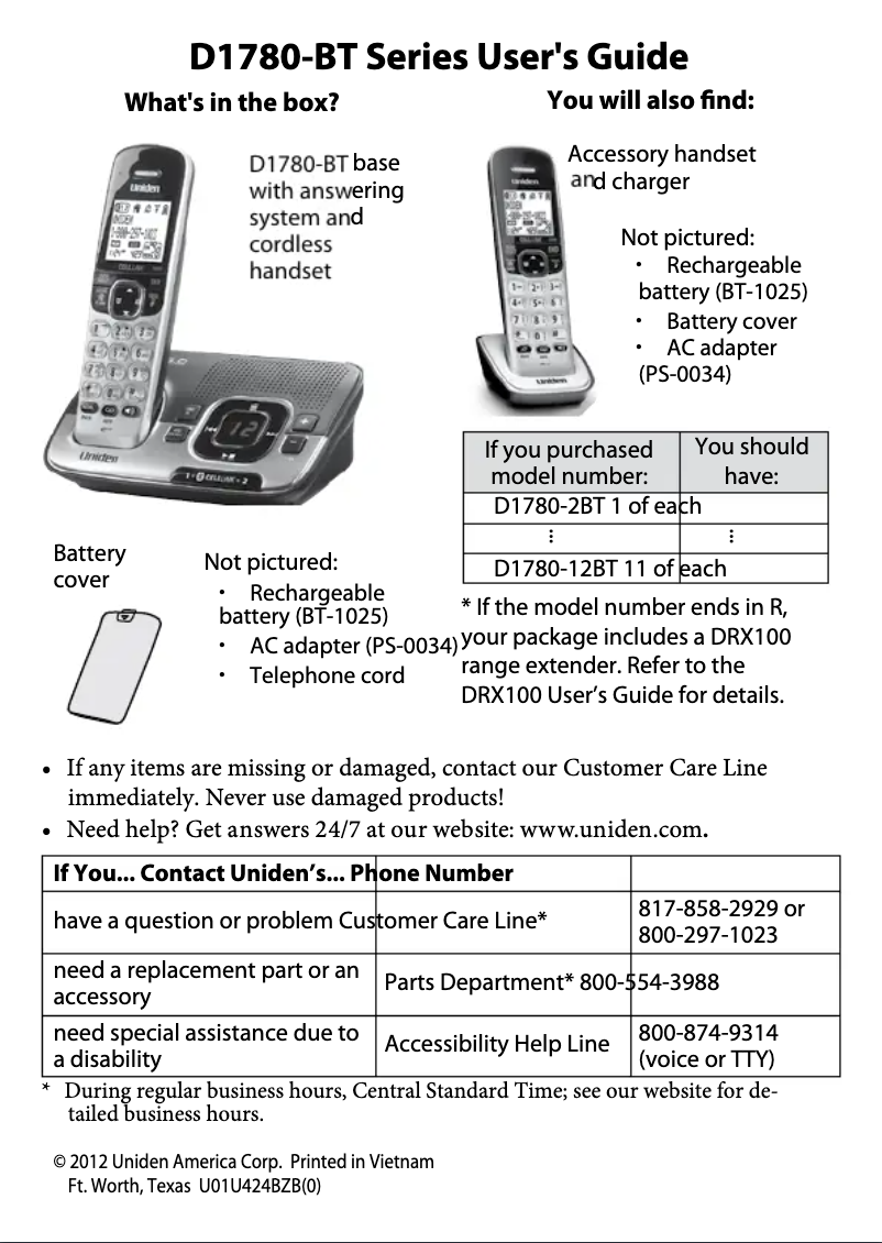 Page 1 de la notice Manuel utilisateur Uniden D1780-BT