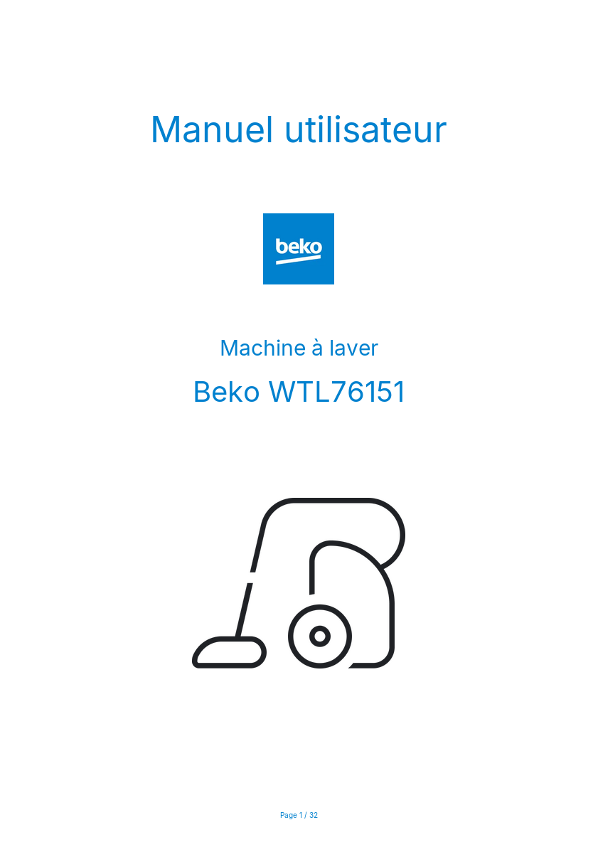 Page 1 de la notice Manuel utilisateur Beko WTL76151